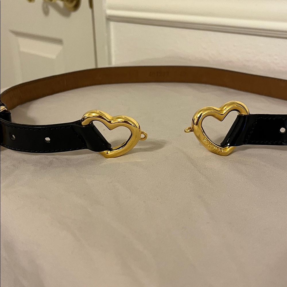 Vintage Moschino Gold Heart Buckle Black Belt - Picture 2 of 8